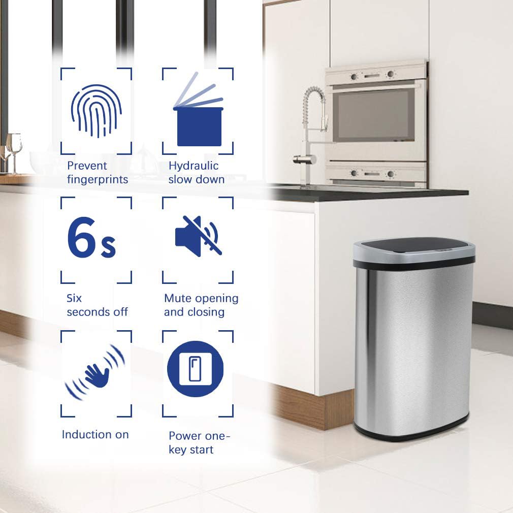 BestOffice 13 Gallon Automatic Touchless Stainless Steel Trash Can with Lid