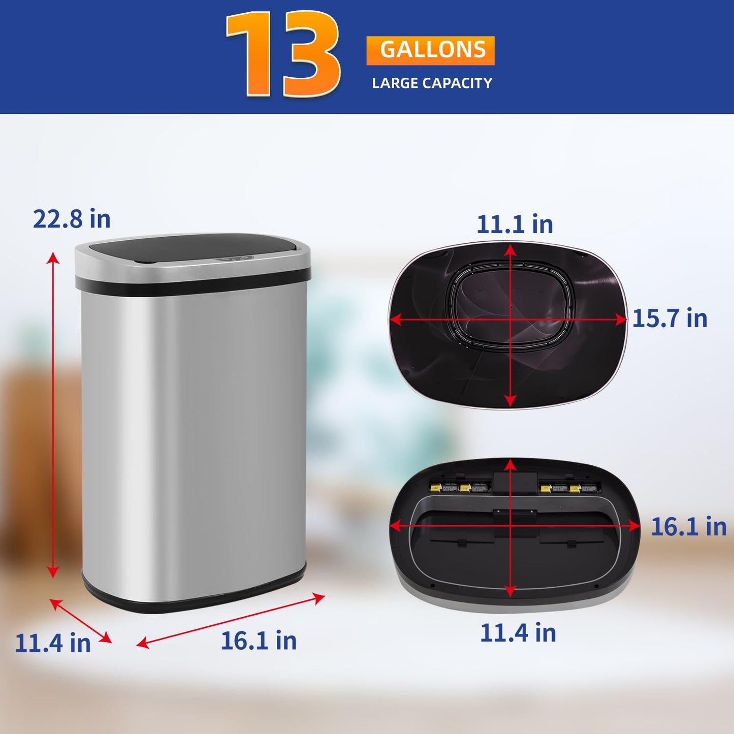 BestOffice 13 Gallon Automatic Touchless Stainless Steel Trash Can with Lid